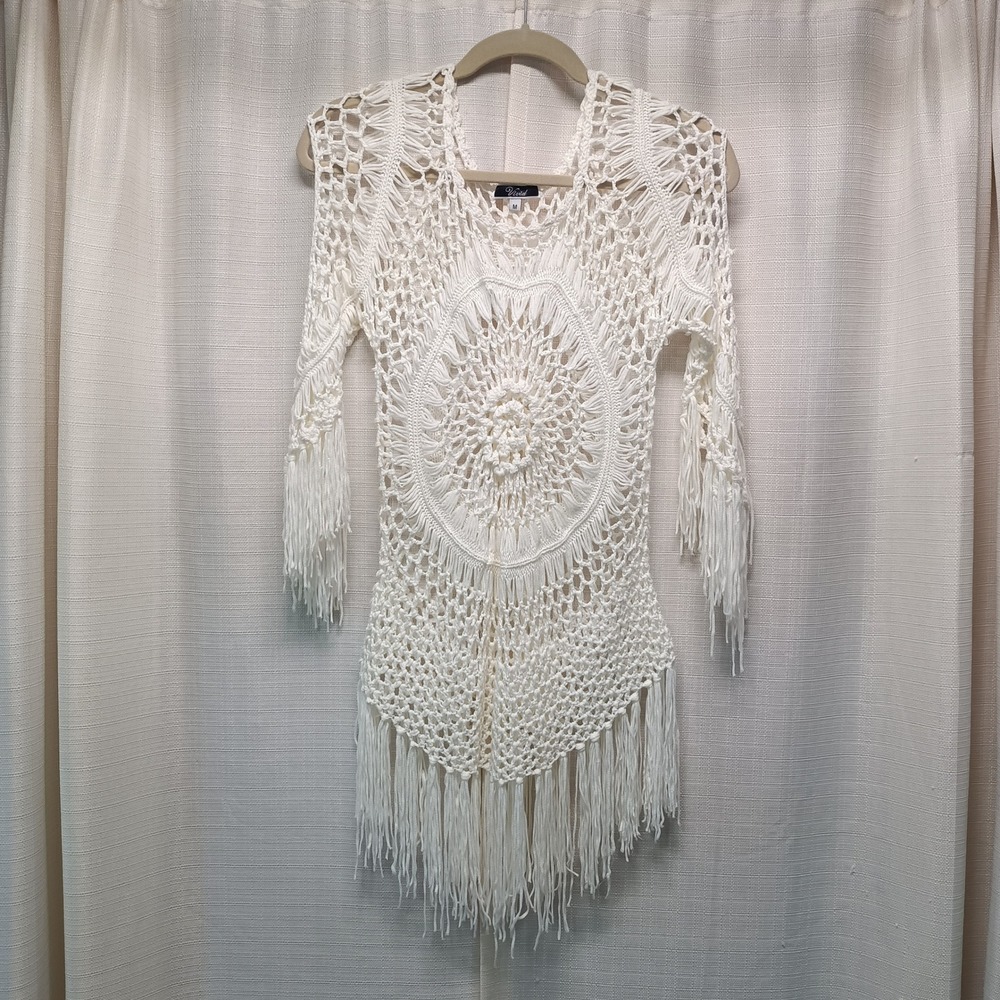 Vivid White Crochet Fringe Tunic Top Mandala Knit Boho Beach Cover Up Festival